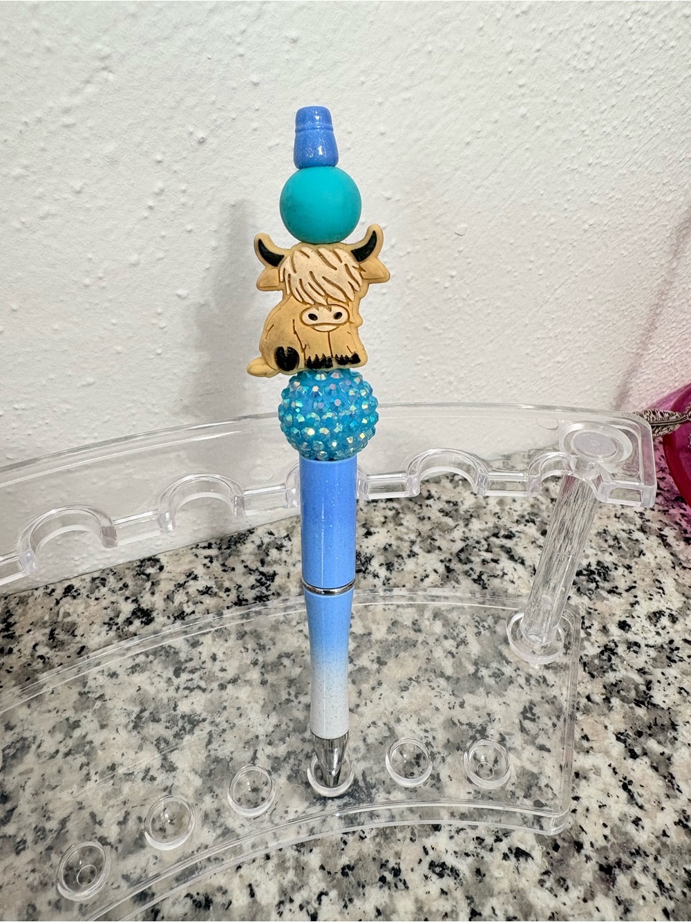 Blue Highland Cow Beaded Pen